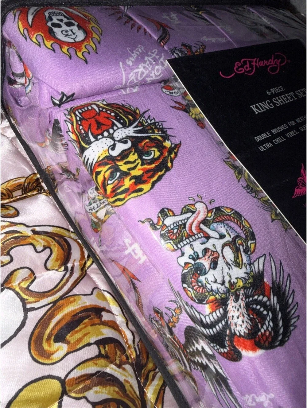 Ed Hardy King Sheet Set 6 Pc Purple Tattoo Collage Skull Bird Dragon Bedding New